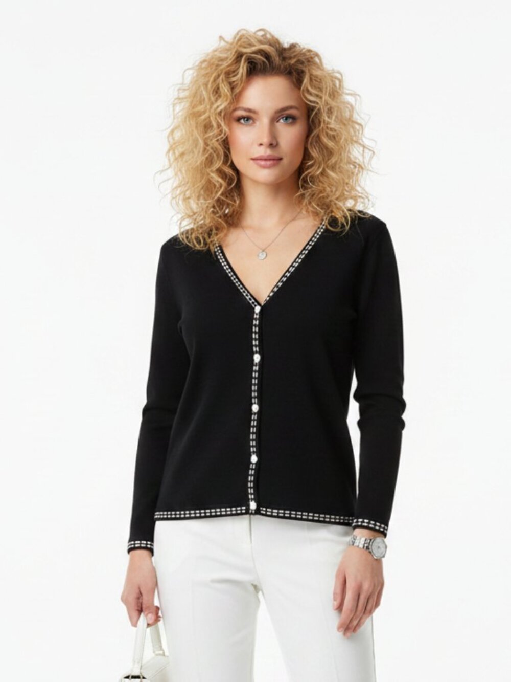 Carducci Black & White Long Sleeve Knit Button Cardigan Sweater L